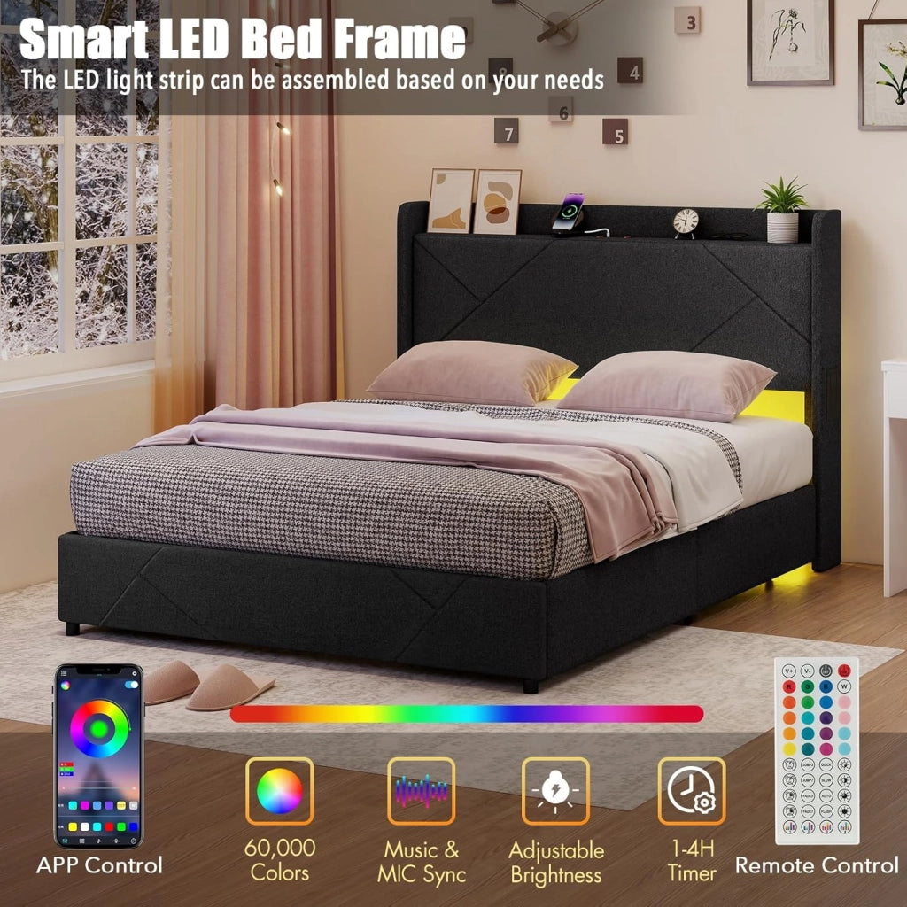 Telaio Letto Matrimoniale 160 x 200 cm con Illuminazione a LED, Presa e Stazione di Ricarica, Telaio Imbottito con Rete a Doghe, 4 Cassetti Pieghevoli e 2 Tasche, Grigio