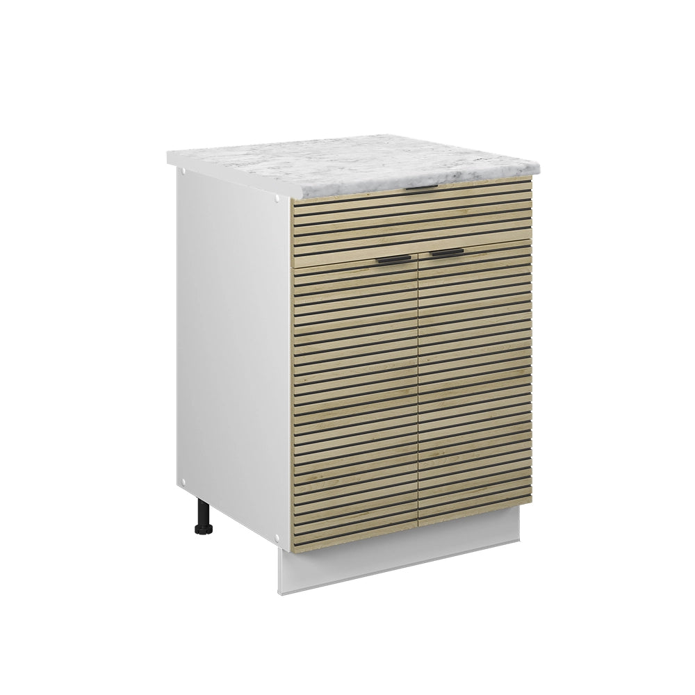 Mobiletto base per cucina Fame-Line Pannello in quercia/Bianco 60 cm con cassetto, PL Marmo Vicco