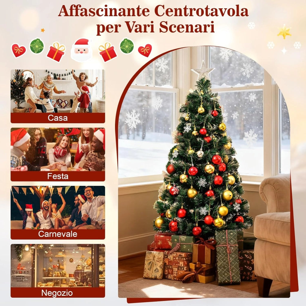 Albero di Natale con Luci in Fibra Ottica 120/150 cm, Albero di Natale Preilluminato con 8 Modalità di Illuminazione, 130/170 Rami, 14/20 Fiocchi di Neve, Puntale a Stella e Base (120 cm)