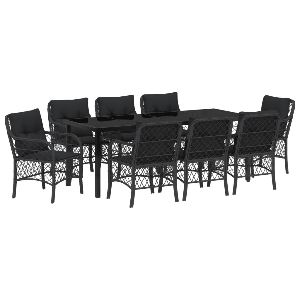 Set da Pranzo da Giardino 9 Pezzi con Cuscini Nero Polyrattan