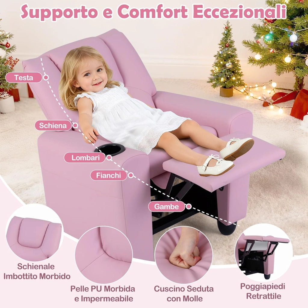 Poltrona Reclinabile per Bambini, Sedia Reclinabile con Porta Bicchiere e Poggiapiedi Regolabile, Poltroncina per Soggiorno e Sala Giochi, Poltrona Divano per Ragazzi 3+ Anni (Rosa)