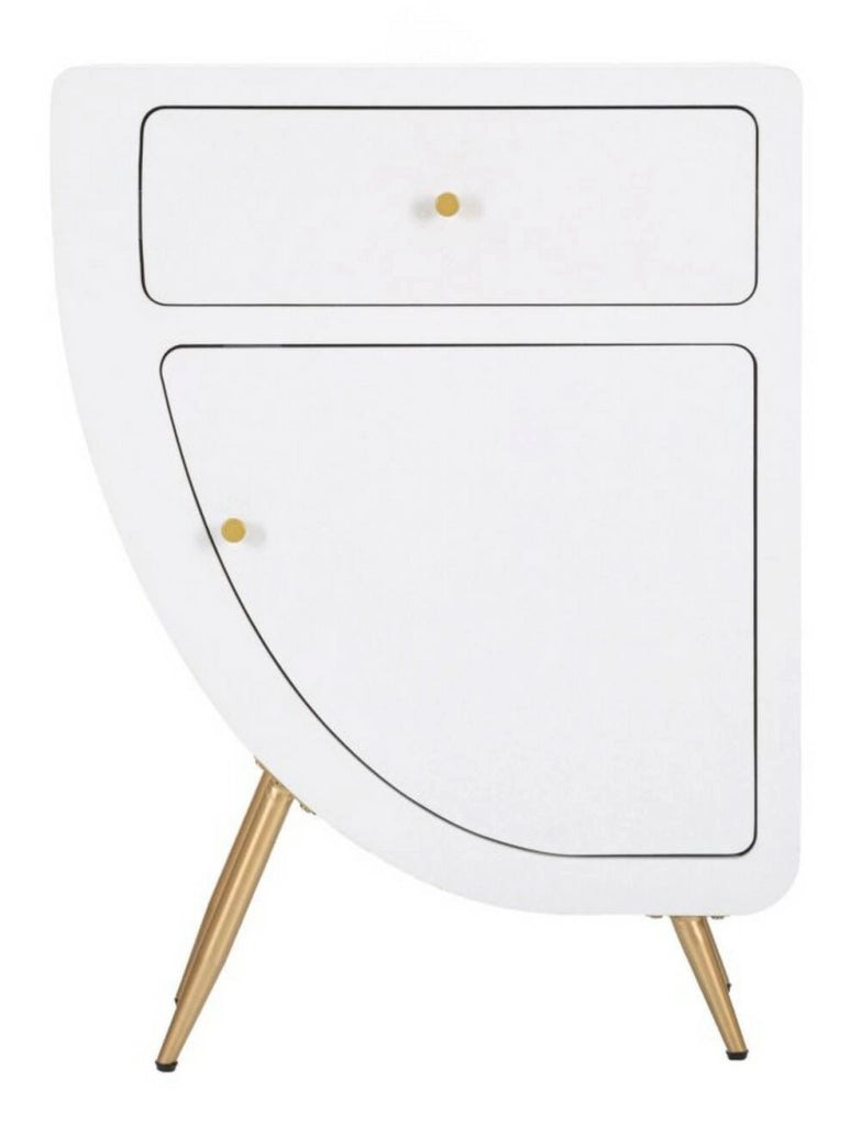 Comodino Suze, Comò basso, Tavolino da notte, Mensola da letto, Bianco e Oro, 60x32 h79 cm