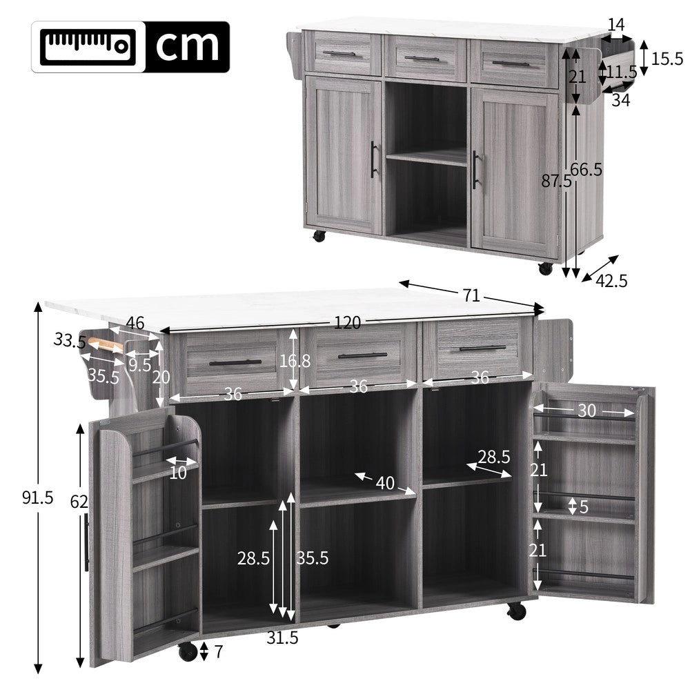 Carrello Portavivande con Armadietto ¨C Xylo ¨C Legno Massello Grigio, Piano Marmo Bianco, 139x46x91.5 cm