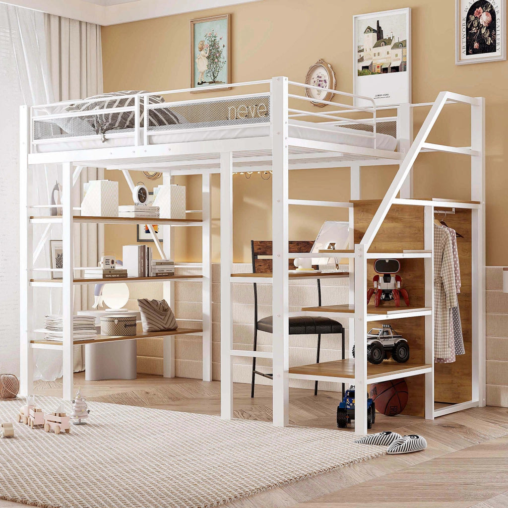 OKWISH Letto a Soppalco 140×200 cm, Letto Matrimoniale con Mensole, Scrivania, Armadio e Scala di Sicurezza, senza Materasso, Metallo, Bianco