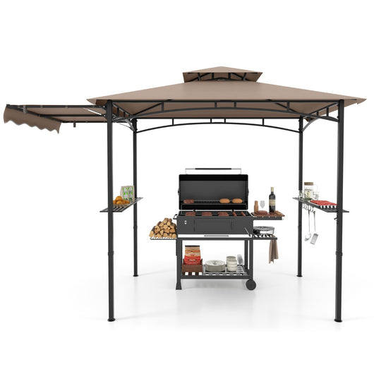 Gazebo per barbecue 250 x 203cm con tendalino laterale tetto a 2 livelli 2 ripiani laterali-Rifugio per barbecue Marrone