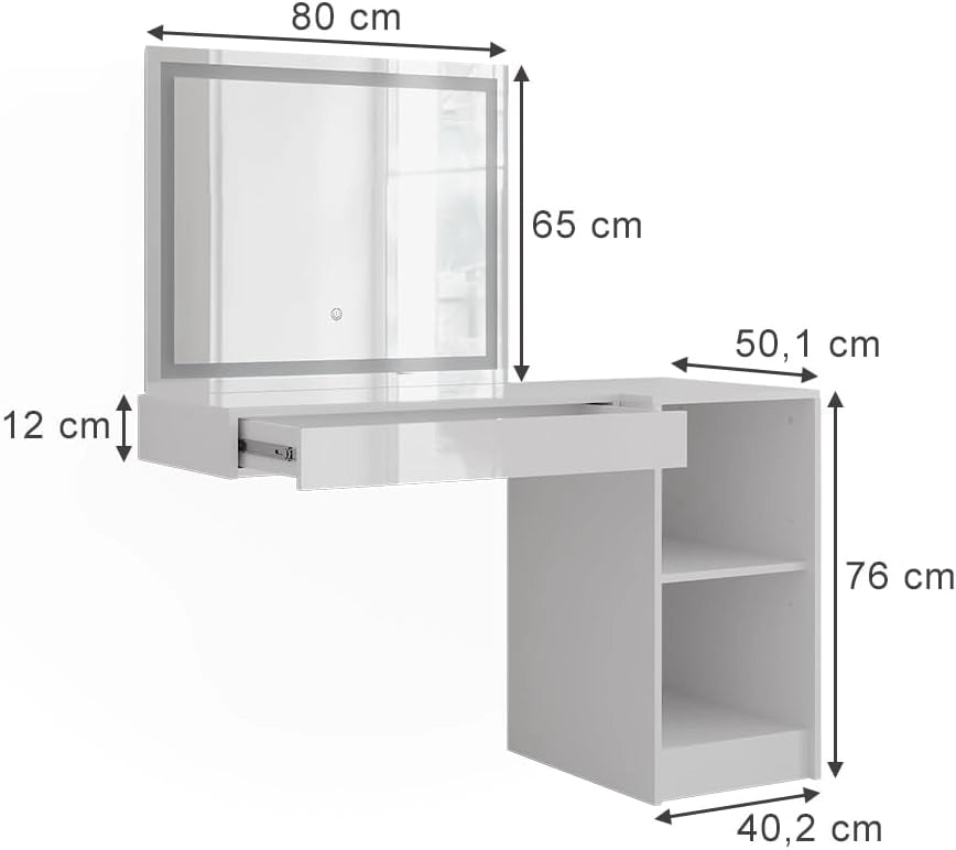 Tavolo da toeletta Sherry, Bianco/bianco lucido, 120 cm 3 parti, con illuminazione LED e grande specchio per la cura quotidiana