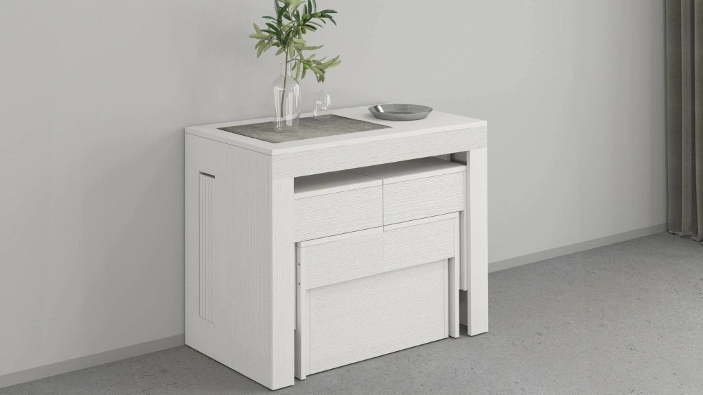 Set tavolo e sedie Auditore, Composizione multiuso, Set con consolle e 2 panche allungabili, 100% Made in Italy, 66x25h45 cm, Bianco