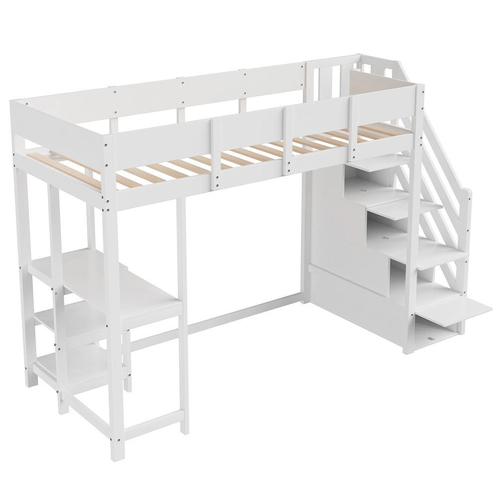 Letto a Soppalco con Vano Contenitore e Mensola ¨C MINIMAL ¨C Massello Pino, Rete a Doghe, Bianco, 90x200