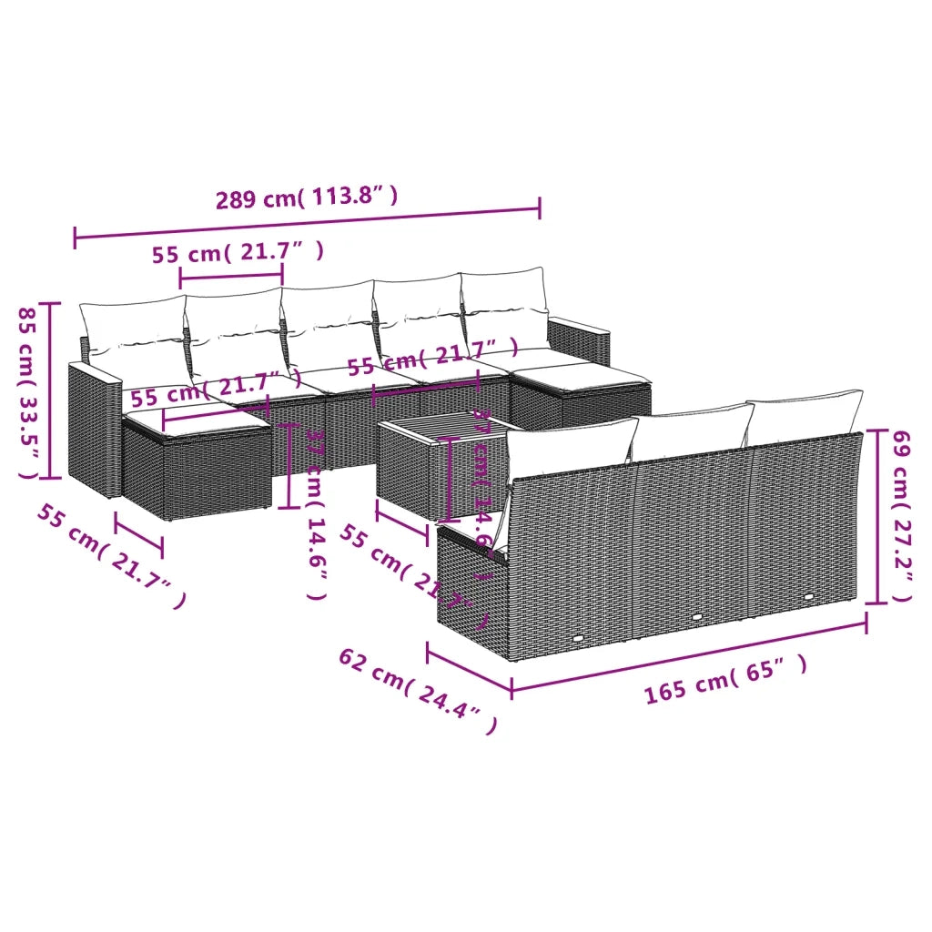 Set Divani da Giardino 11 pz con Cuscini in Polyrattan Nero