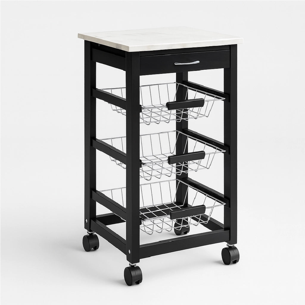 Carrello Cucina Legno 3 Cestelli Acciaio Top Effetto Marmo 1 Cassetto Salvaspazio