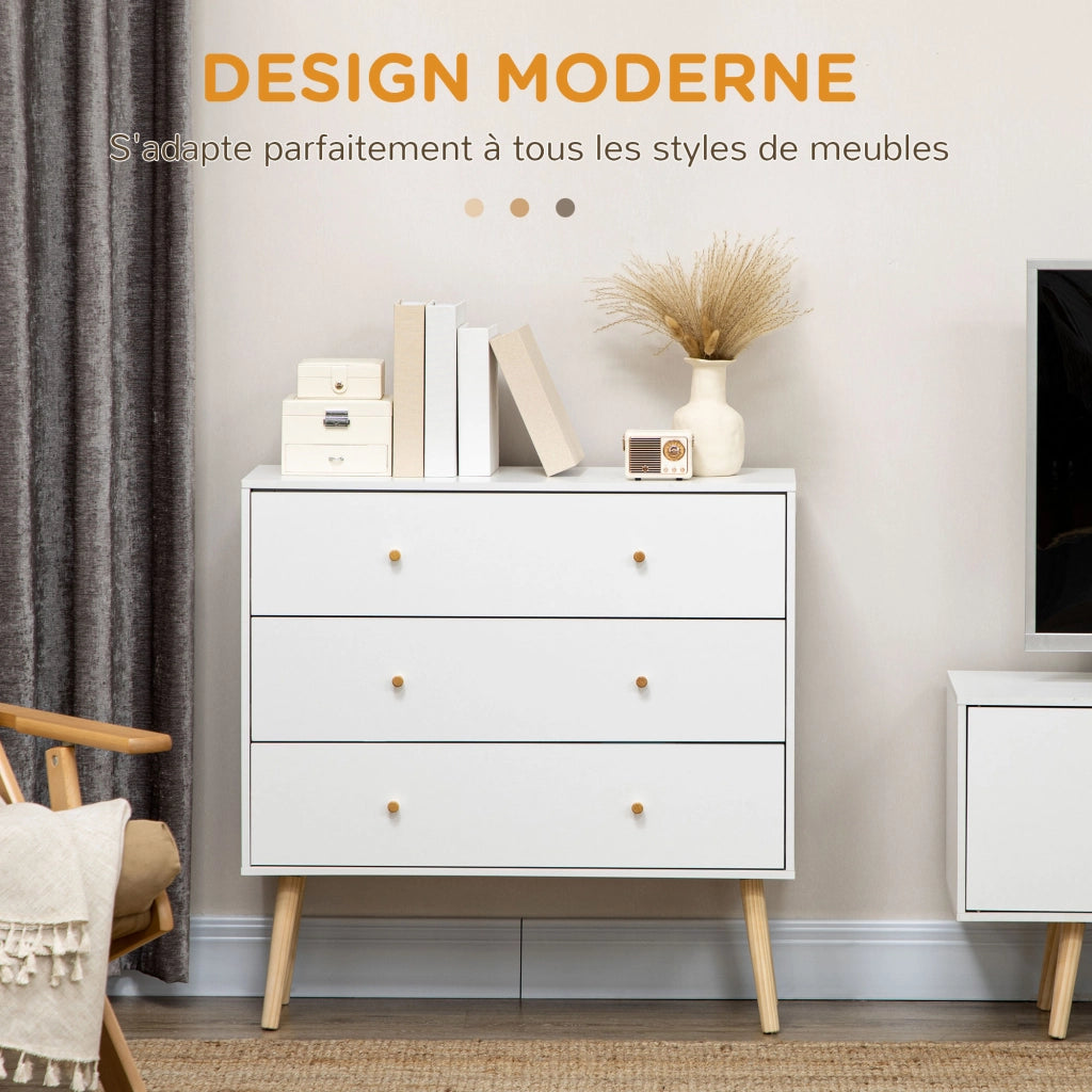 Cassettiera 3 cassetti design scandinavo legno pino effetto bianco ¨C Minimal ¨C 80x30x80 cm