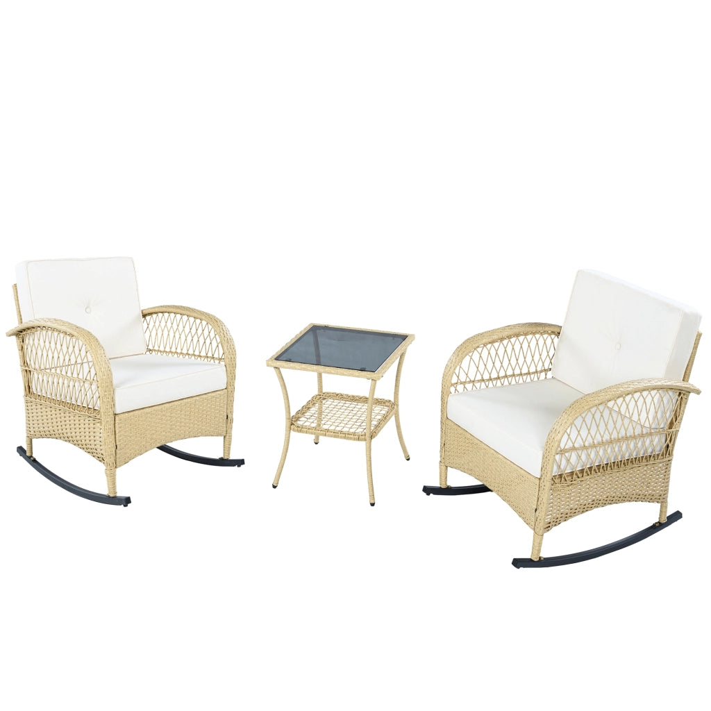 2 Sedie a Dondolo da Giardino con Tavolo; Schienale Alto e Piano in Vetro; Rattan e Metallo; Beige