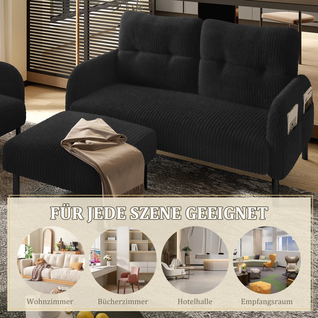 Set di Mobili da Soggiorno con Divano 2 Posti; Poltrona e Pouf; Seduta Profonda e Tasca Laterale; Velluto a Coste; Nero