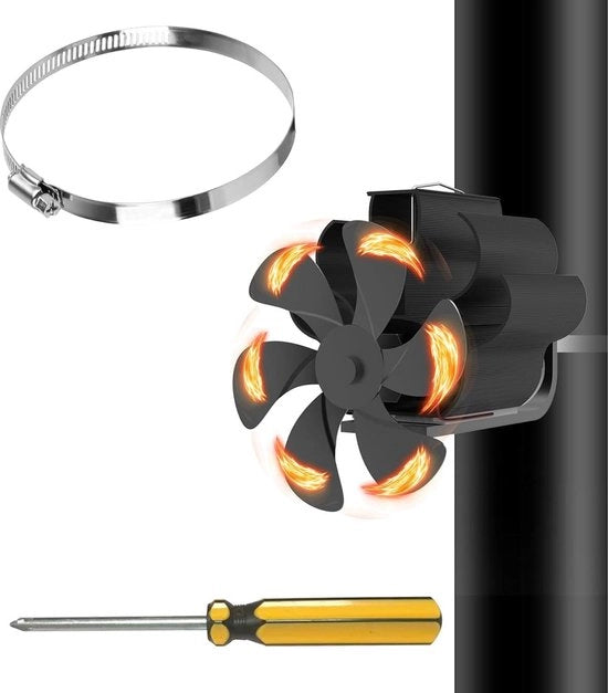 Ventilatore a 6 lame per camino a legna - risparmia combustibile e trasferimento di calore efficiente - per camini a pellet a lunga combustione - ABLM601B con morsetto di tubo e alimentazione a vapore di tubo - 19 cm