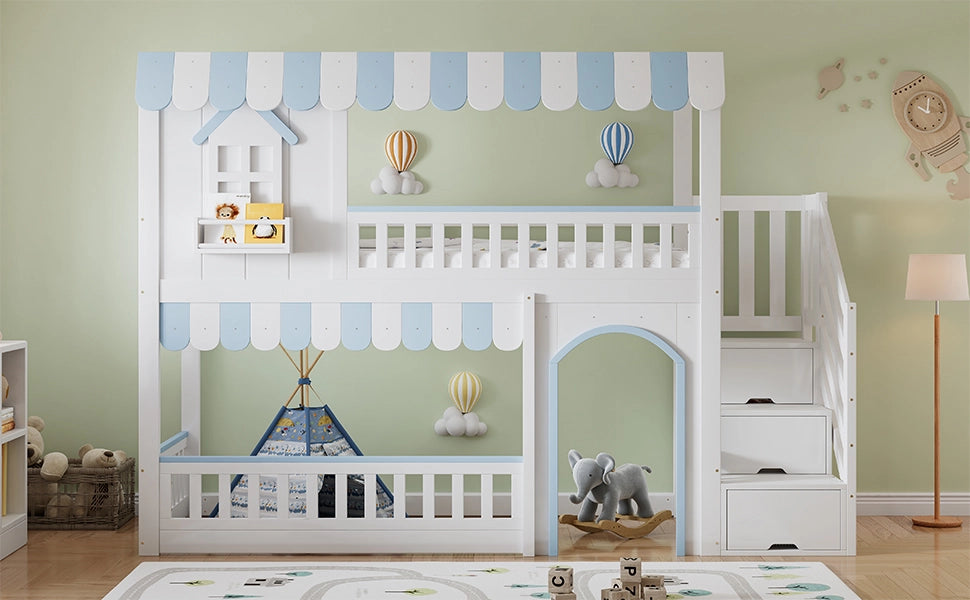 DESMIU Letto a castello per bambini 90 × 200 cm con scala contenitore, sponde di sicurezza, senza materasso, bianco blu