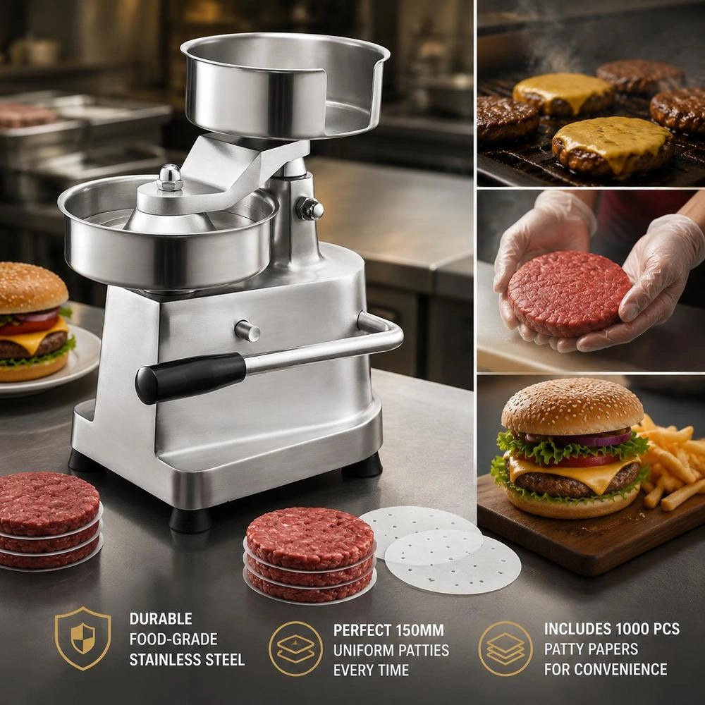 Commercial Burger Patty Maker, 150 Mm/6 Inch Hamburger Beef Patty Maker, Robust, Food-Grade Stainless Steel Bowl Burger Press, Kitchen Meat Forming Machine With 1000 Patty Patties