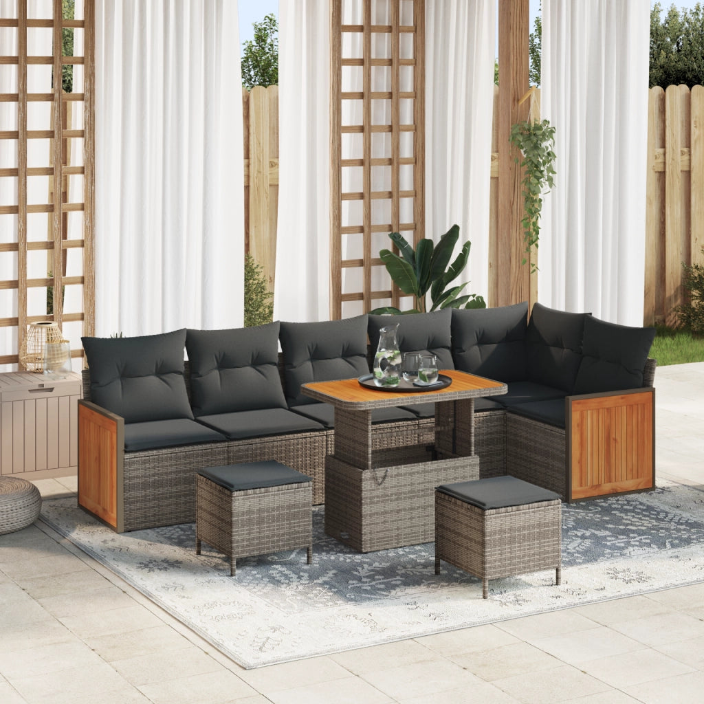 Set Divano da Giardino 9 Pezzi con Cuscini Grigio Polyrattan Acacia