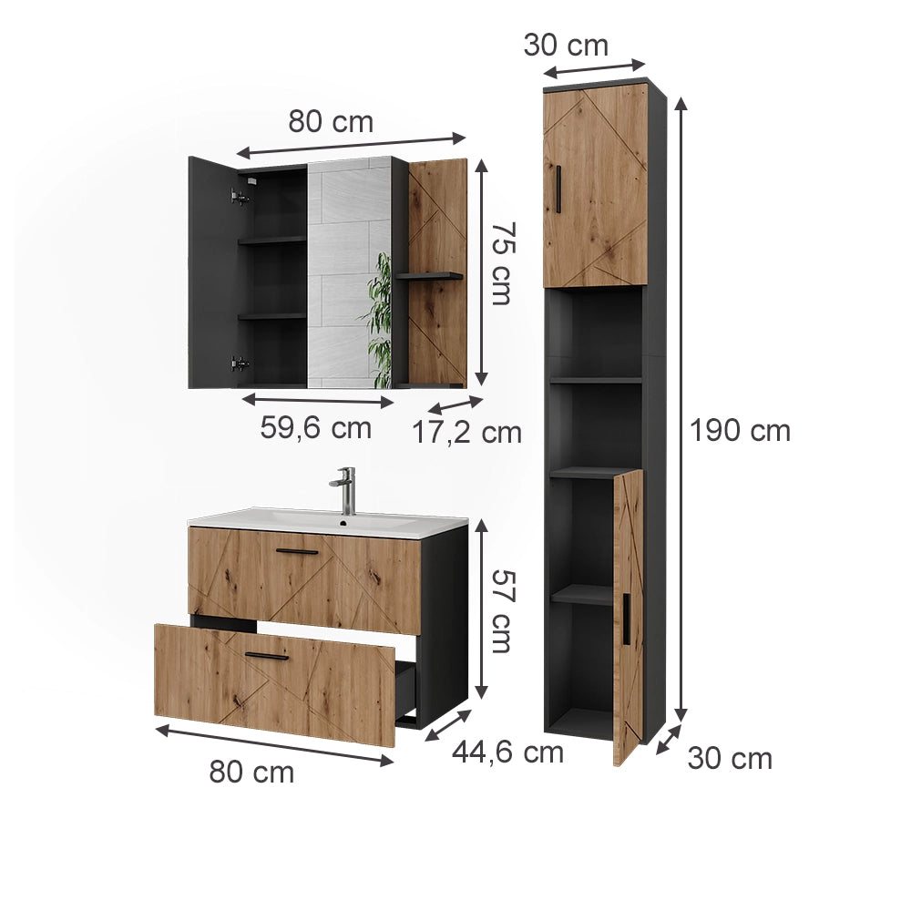 Vicco Set di mobili da bagno Antracite/Artisan 4 parti