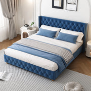 Letto imbottito 160x200 cm in velluto blu con testiera trapuntata, rete a doghe e gambe robuste