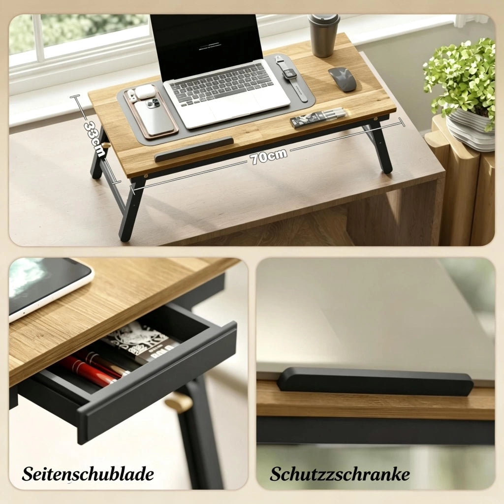 Tavolino laptop pieghevole e regolabile in bambù e mdf nero e quercia con cassetto 83,5 × 33 × 23,5-34 cm