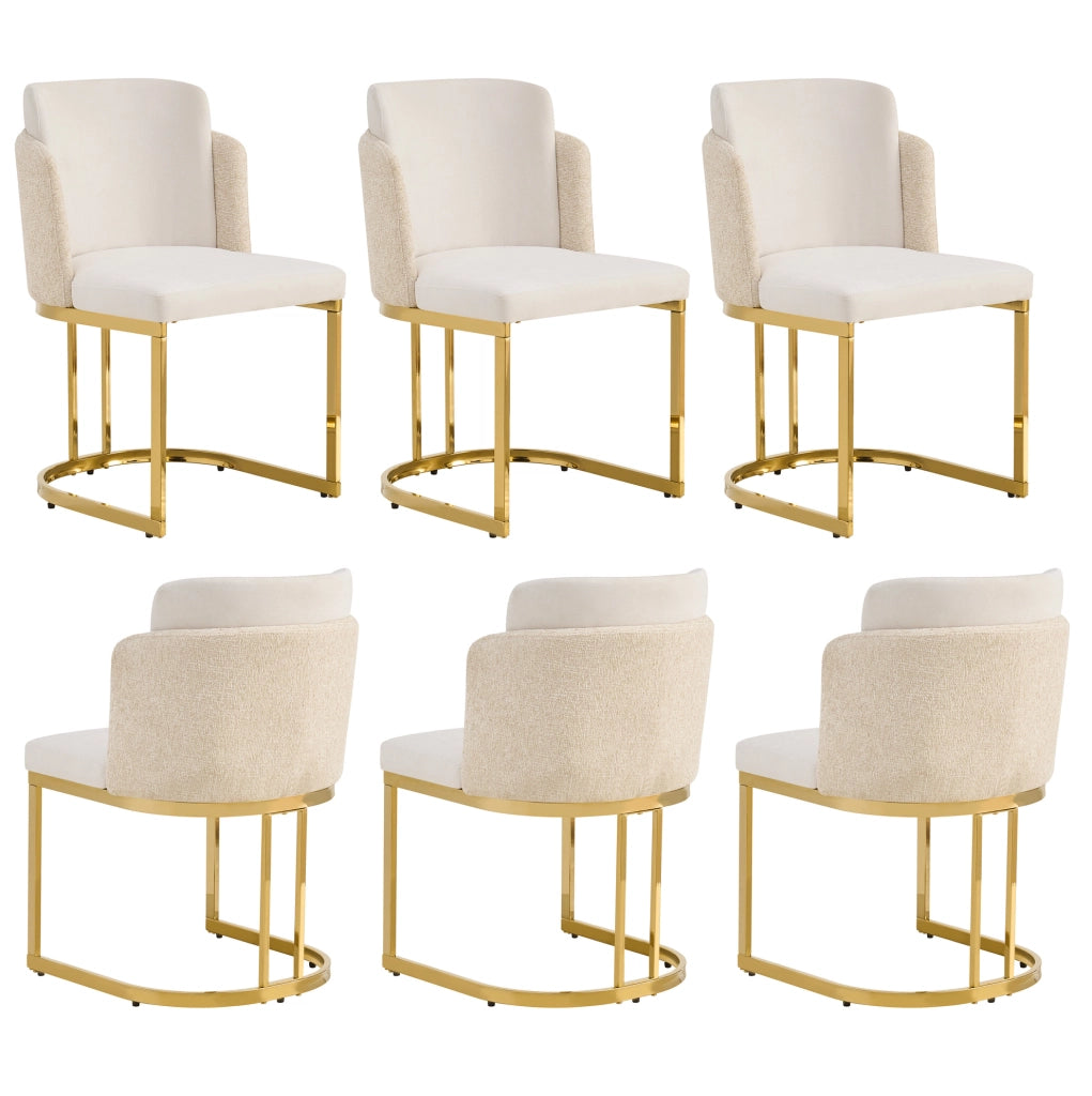 Set 6 sedie da pranzo beige e oro in ciniglia con doppio schienale