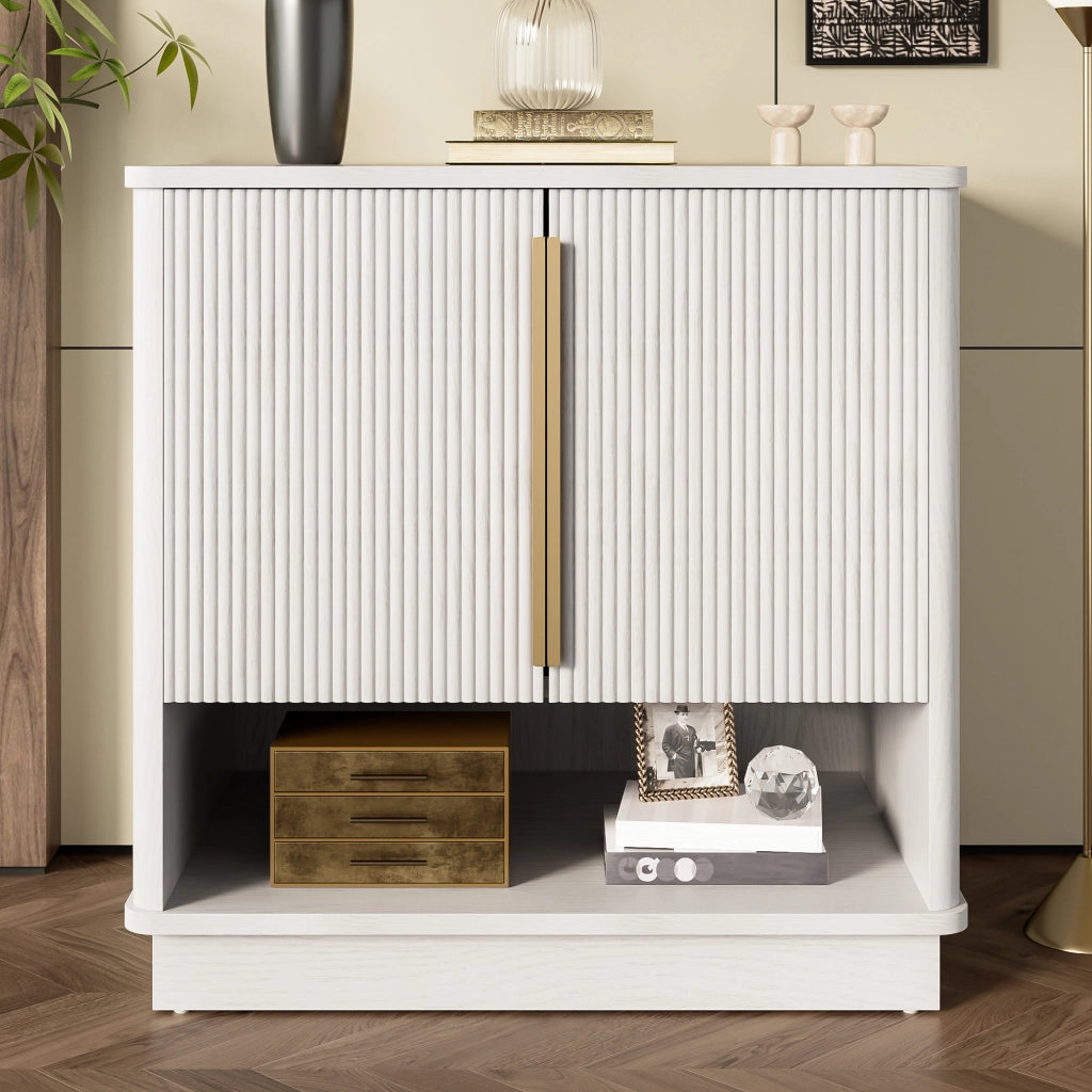 Mobile Scarpiera con 2 Ante e Vano a Giorno; Maniglie Dorate; Moderno; in MDF; Bianco Effetto Legno; 60×40×61 cm
