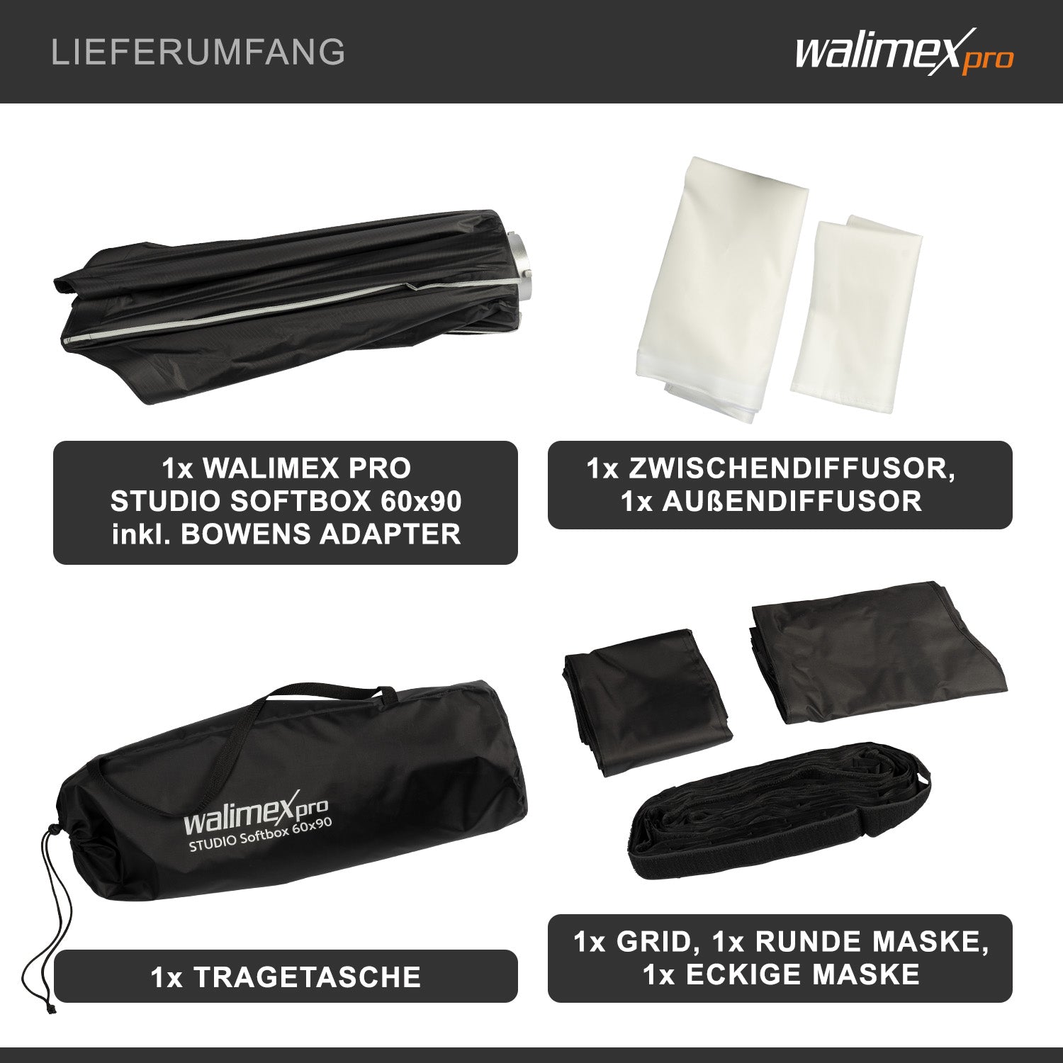 Studio Softbox 60x90cm, ruotabile a 360°, facile da montare grazie alla funzione ombrello, include griglia, maschere, adattatore, ideale per la fotografia di prodotti e persone