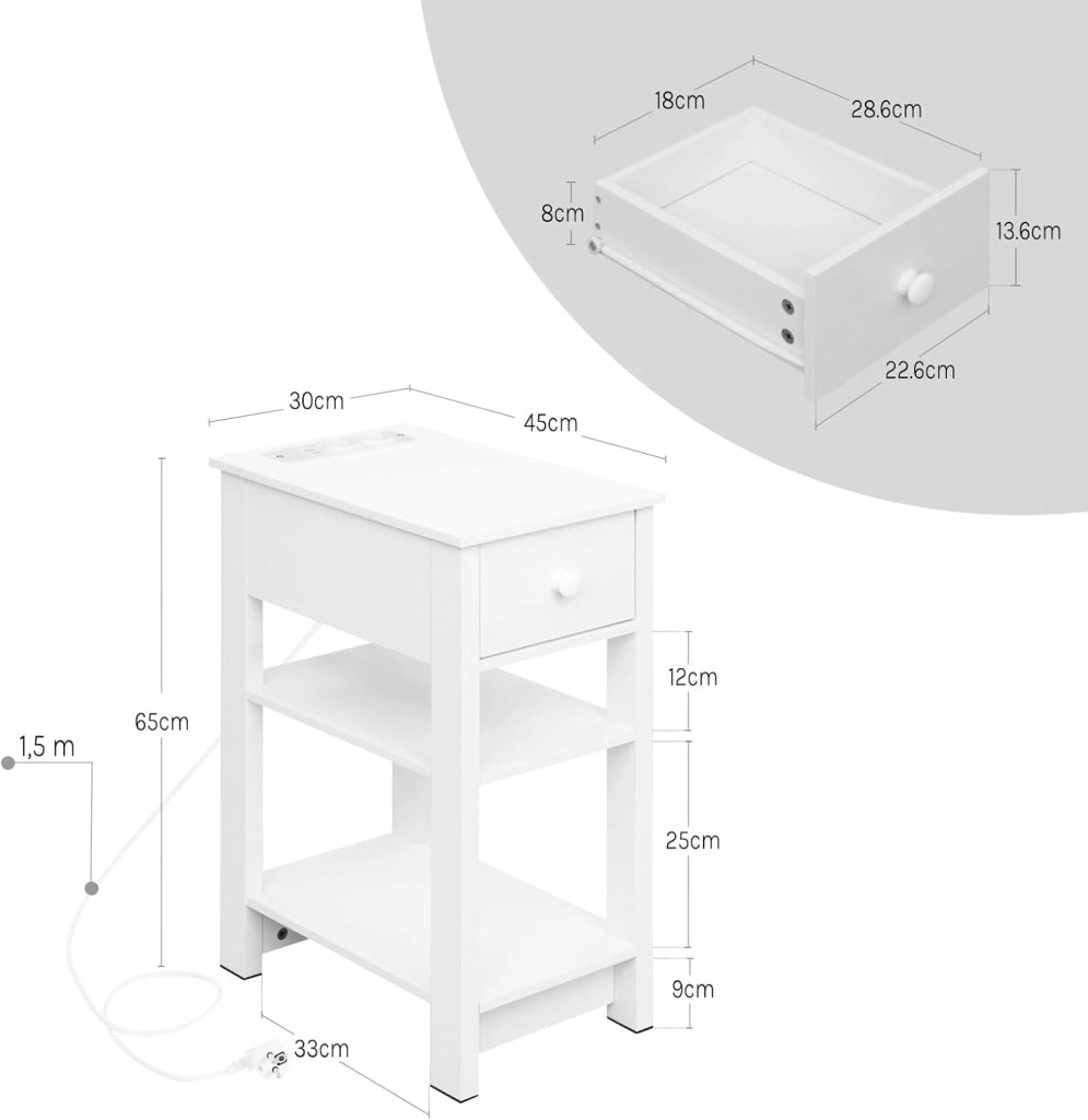 Comodino con Prese Integrate e Porte Usb, Comodino con Cassetto e Ripiani, Tavolino per Piccole Stanze, Camera da Letto, Soggiorno, Bianco, 30x45x65cm, NTS20ws