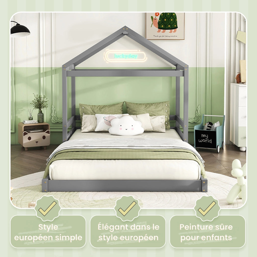 Letto a casetta per bambini 140×200 cm con rete a doghe; senza materasso; in pino e MDF; grigio