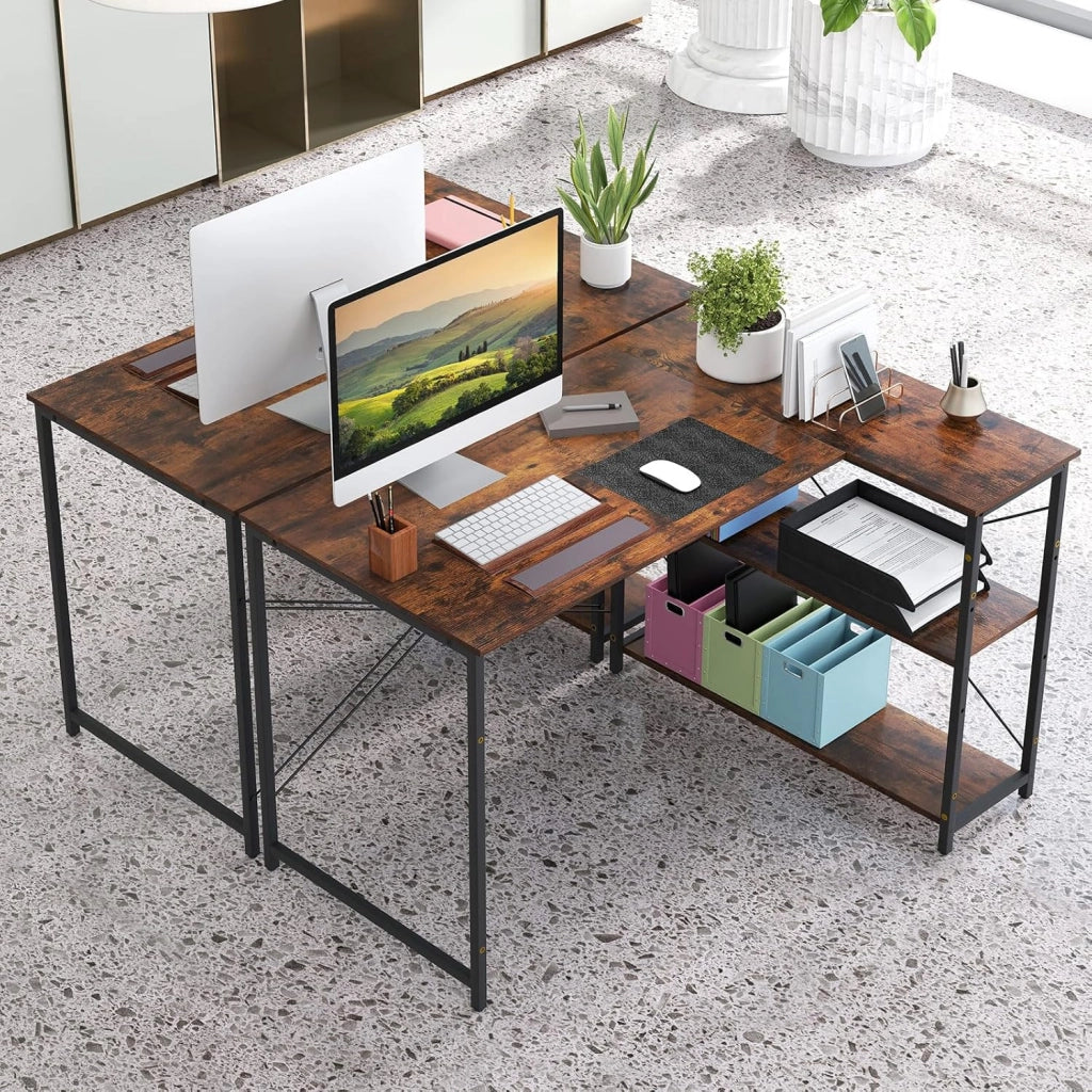 Scrivania a forma di L da 118 cm, tavolo per computer con ripiano reversibile, scrivania ad angolo moderno con ripiano regolabile, per studio, ufficio, marrone
