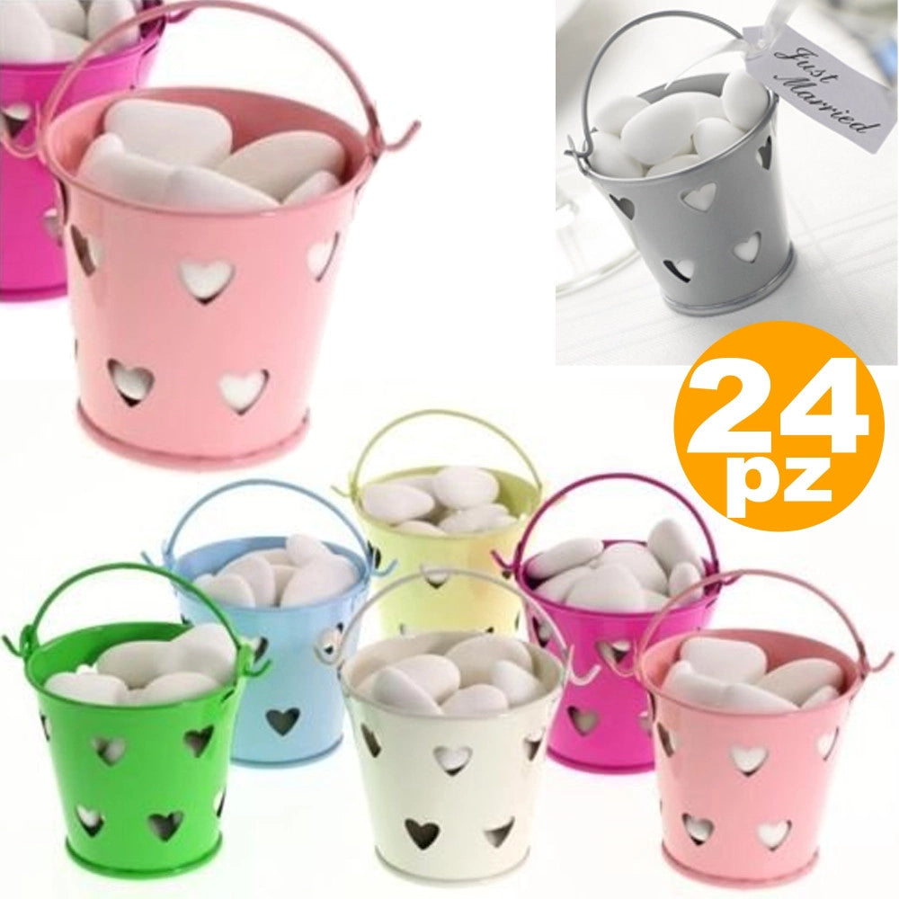 Trade Shop - 24 X Secchielli Colorati Con Cuori In Latta Verniciata Portaconfetti Bomboniera -
