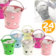 Trade Shop - 24 X Secchielli Colorati Con Cuori In Latta Verniciata Portaconfetti Bomboniera -