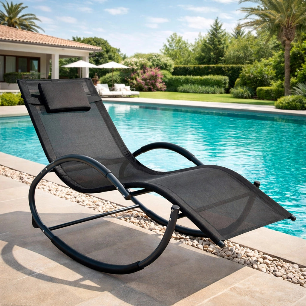 Sedia Basculante Da Giardino Ergonomica Con Poggiatesta Removibile In Textilene Traspirante Lettino Relax A Dondolo Per Piscina Terrazza Balcone Outdoor 155 x 61 x 88 Cm Nero