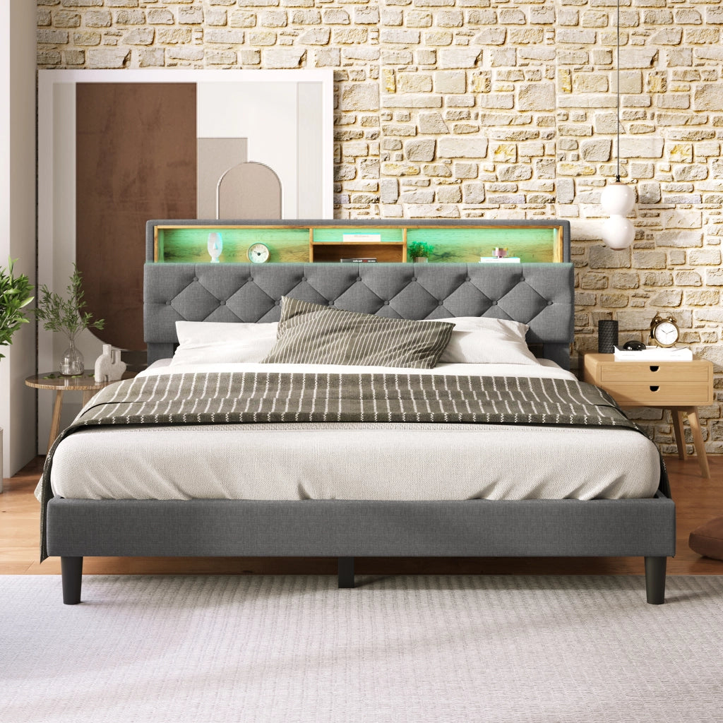 LETTO imbottito 140x200 cm Grigio con testiera contenitore e LED