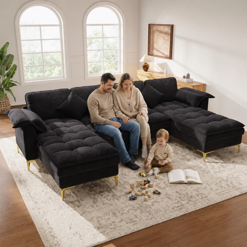 Divano angolare a U modulare con 2 chaise longue e cuscini in ciniglia nera per soggiorno 262 × 134 × 86 cm