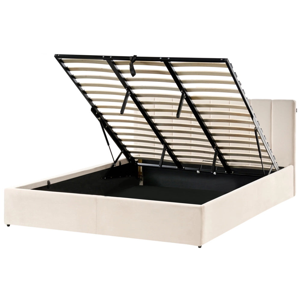 Letto contenitore Rivestimento in velluto beige 180 x 200 cm con testiera a doghe
