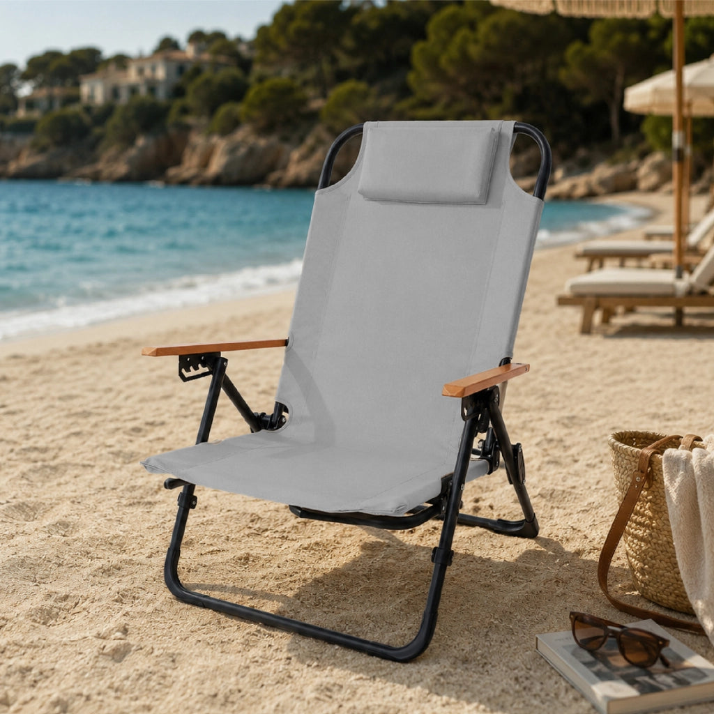 Sedia Mare Reclinabile con Poggiapiedi Estraibile, 4 Regolazioni Schienale, Poggiatesta e Tasca Portaoggetti, Spiaggina Poltrona Pieghevole da Spiaggia in Acciaio e Poliestere 600D Grigio