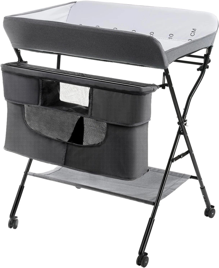 Fasciatoio Pieghevole Portatile, Bagnetto Cambio Pannolini per Bambini Neonati, con Ruote e Vaschetta, Altezza Regolabile 79.5x66x97-101 cm (Grigio)
