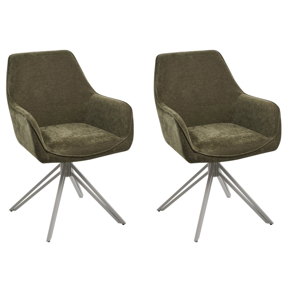 Set di 2 sedie da pranzo girevoli in tessuto verde scuro con braccioli e schienale, gambe in metallo beige, stile retrò-contemporaneo