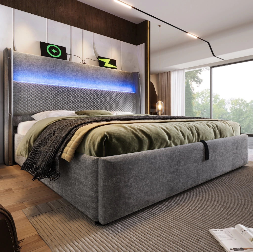 Letto matrimoniale 180x200 cm con LED, USB/Type-C e contenitore