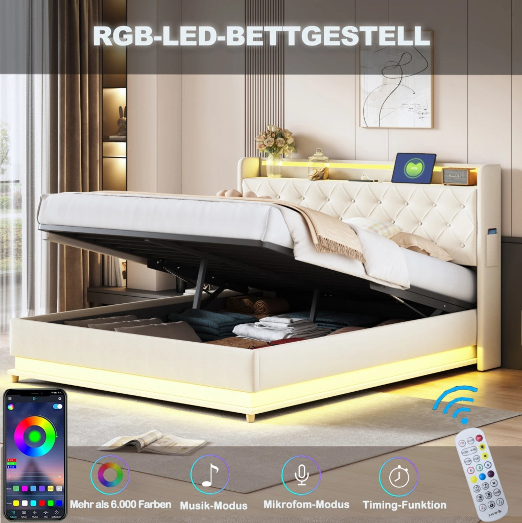 Letto imbottito LED 160x200 cm beige con USB e contenitore
