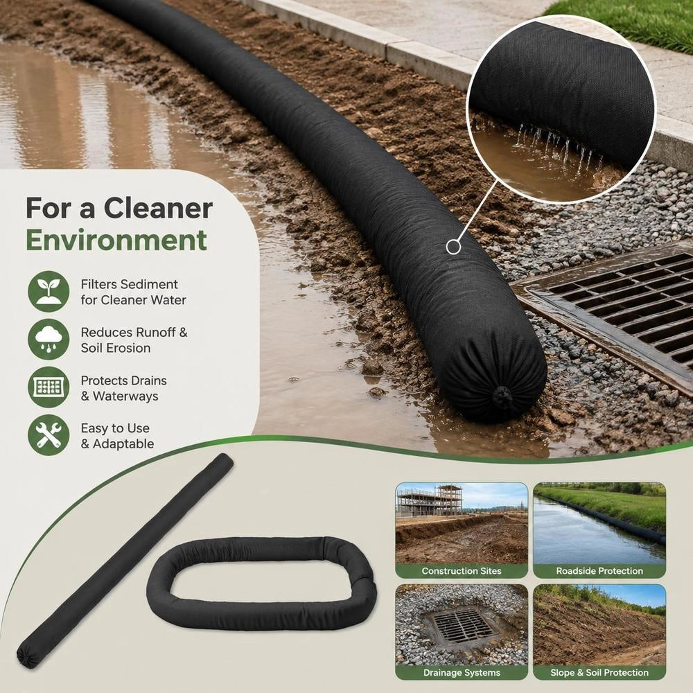 Sediment Filter Roll, 12.7 Cm X 3 M, Roll For Retaining Leaves And Dirt, Erosion Control, Polypropylene Filling, For Rainwater Management, Protection Of Rainwater Drainage Systems