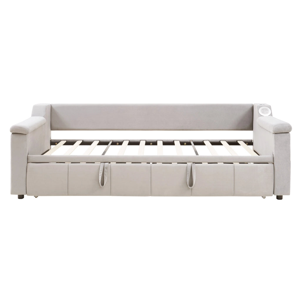 DESMIU Lit simple 90 × 190 cm con USB, vani portaoggetti e Bluetooth, si apre a 180 × 190 cm, senza materasso, beige