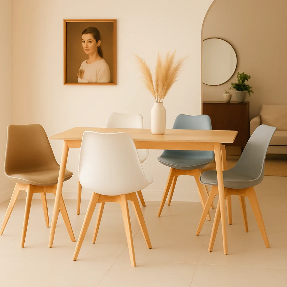 Set di 4 sedie da pranzo imbottite in polipropilene bianco Lola con struttura in legno facili da pulire | Duzzle