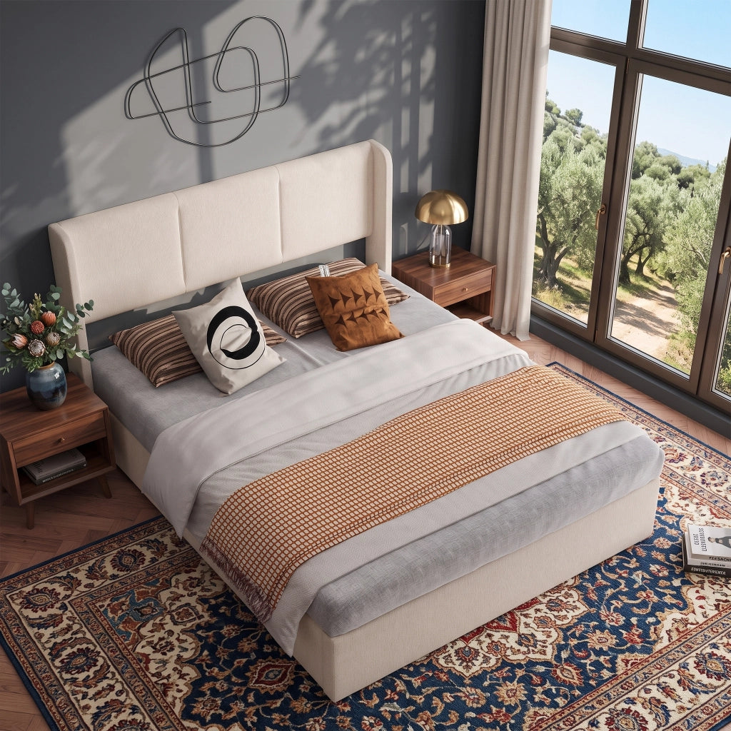 Letto matrimoniale contenitore 140x190 cm con testiera imbottita rete a doghe e vano contenitore idraulico in lino-beige
