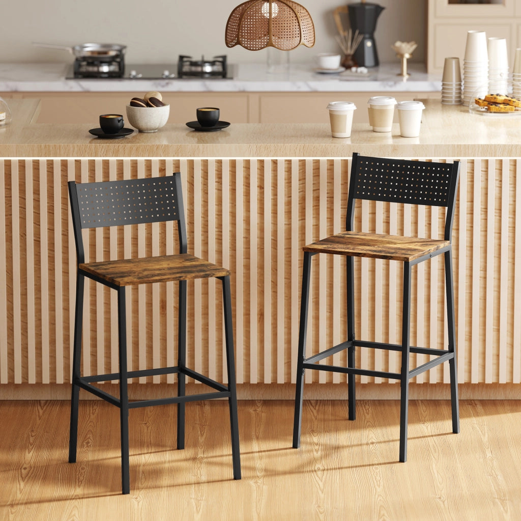 Set 2 Sgabelli da Bar in Stile Industriale con Schienale e Poggiapiedi 43,2x50,5x97,8 cm in Metallo e MDF Marrone