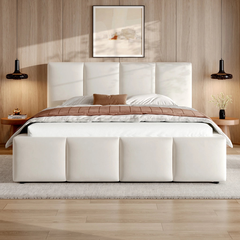 Letto per adulti 180 × 200 cm con testiera imbottita, rete inclusa, senza materasso, beige