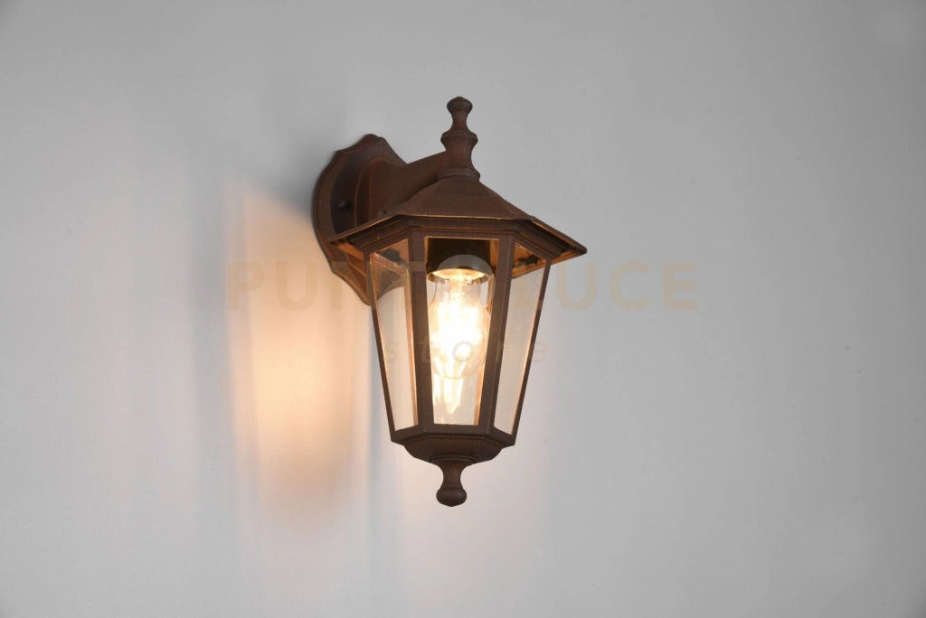PIENZA APPLIQUE DA ESTERNO DOWN 6 LATI FUSIONE DI ALLUMINIO RUGGINE E VETRO TRASPARENTE H. 31CM IP44 1 LUCE ATTACCO E27