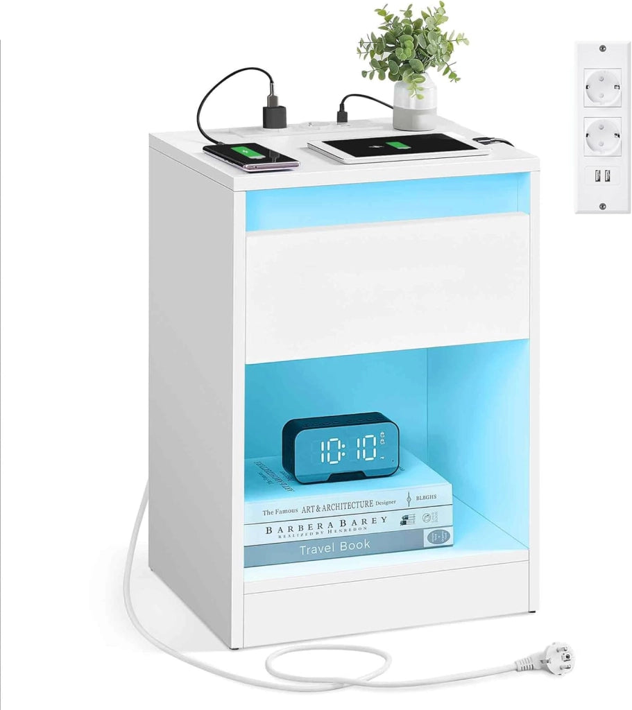 VASAGLE KAILYN Collezione - Comodino a LED con Stazione di Ricarica, Tavolino con Luci LED Regolabili, 2 Prese AC, 2 Porte USB, Moderno, per Camera da Letto Soggiorno, Bianco Nuvola LET618T15