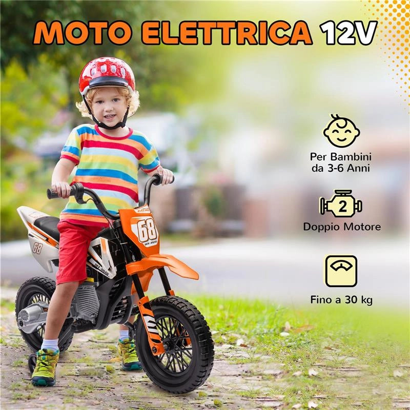 MOTO ELETTRICA PER BAMBINI CON ROTELLE RIMOVIBILI, SOSPENSIONI, SUONI E INDICATORE DI CARICA, ARANCIONE